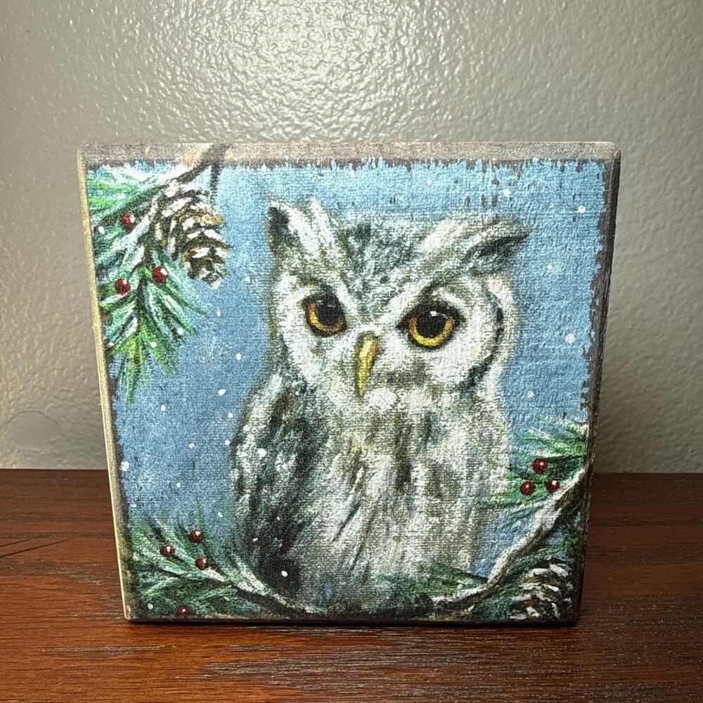 Primitives by Kathy Holiday Owl Snow Block Sign Woodland Decor Rustic Tier Tray